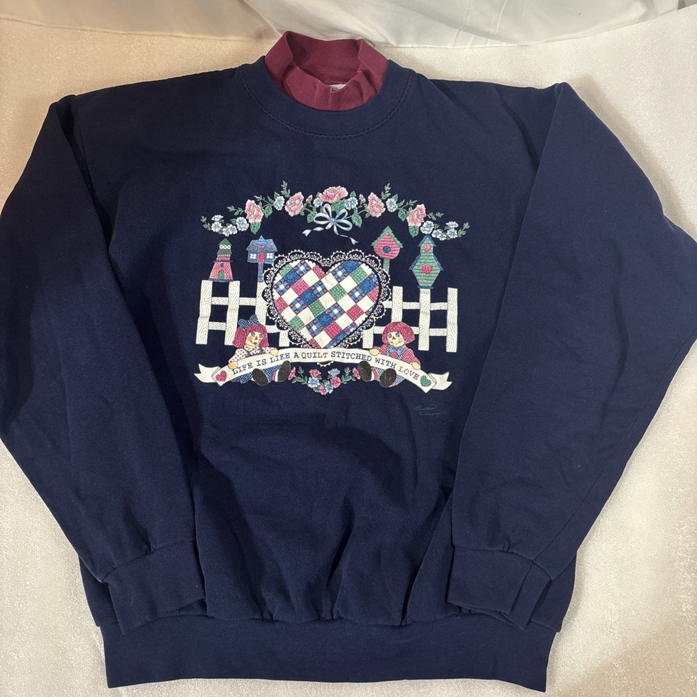 Vintage 90s Sweatshirt Large  With Bird House Flowers Endless Designs Quilt With